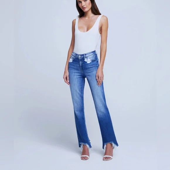 L’agence Harmon Bleach High Rise Straight Leg Jeans Bitten Fray Hem size 28 or 6 - Picture 8 of 11